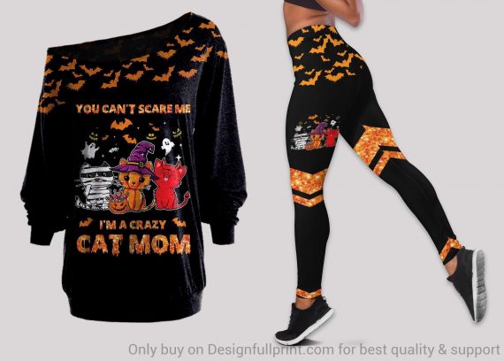 Halloween Cat Mom Off Shoulder Long Sleeve Top and Leggings Set-604b142720d23